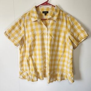 Jessica Simpson 1X Yellow Gingham Short Sleeve Button Up Top Nellie Peplum Shirt